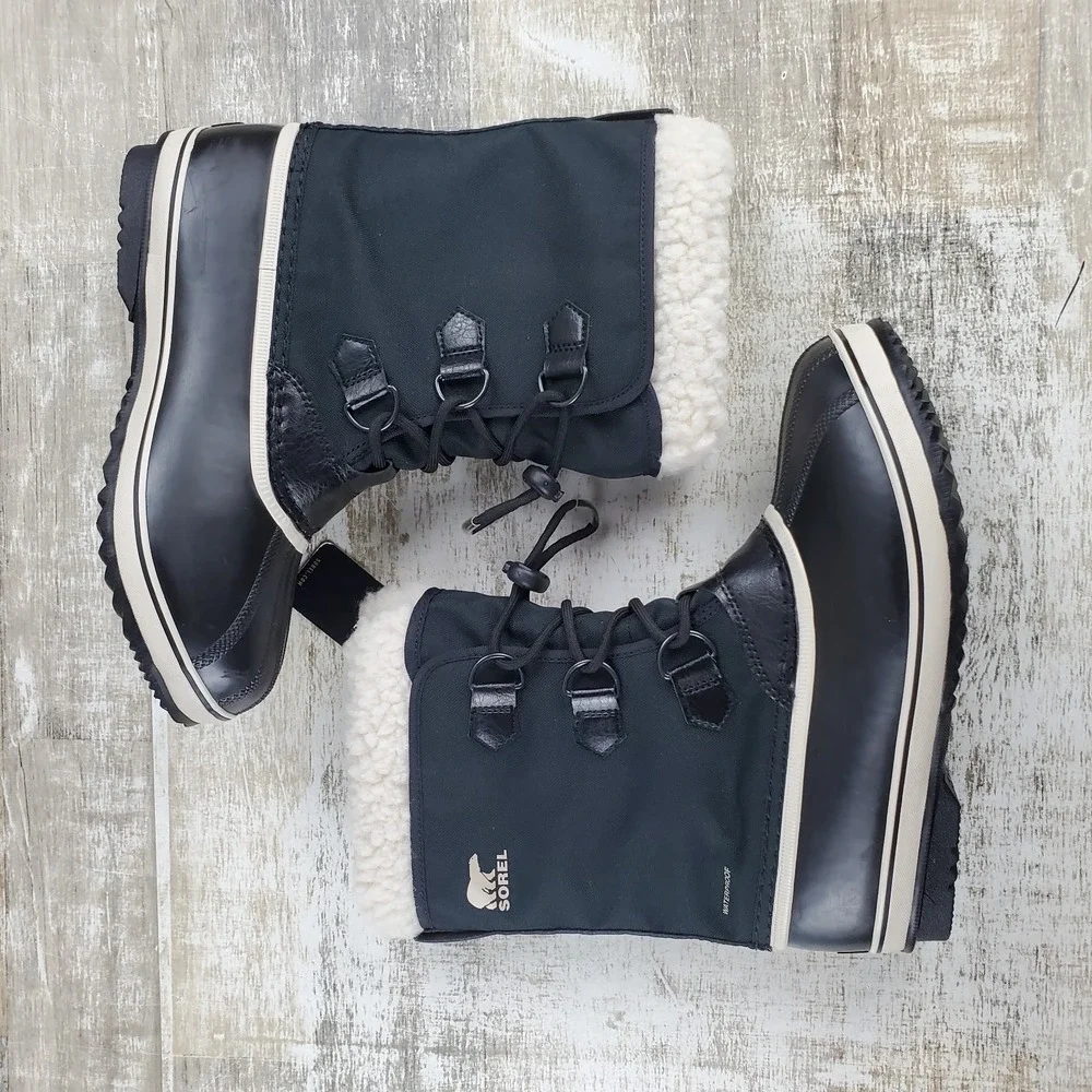 Sorel Yoot Pac Nylon Youth Winter Waterproof Boots Sz 6 Black Leather Shearling